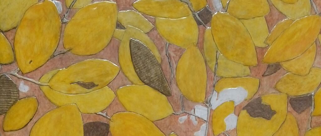 A close-up view of a collection of yellow leaves with brown stems and a few white spots. The leaves are arranged in a mosaic-like pattern on a brown background.