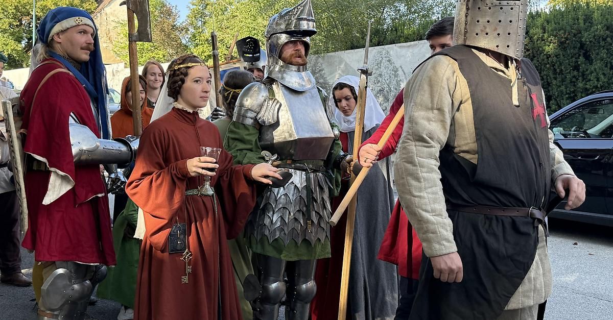 A group of people dressed in medieval costumes, including a knight, a woman holding a cup, and others holding weapons. They are standing in front of a wall.