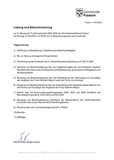 Dokument mit dem Titel 'Ladung und Bekanntmachung' mit einer Tagesordnung für die 9. Sitzung der Funktionsperiode 2025-2030 der Gemeindevertretung Fraxern am 21.09.2026 um 20:00 Uhr. Die Tagesordnung umfasst Eröffnung, Genehmigung, Beschlussfassung über verschiedene Angebote und Berichte.