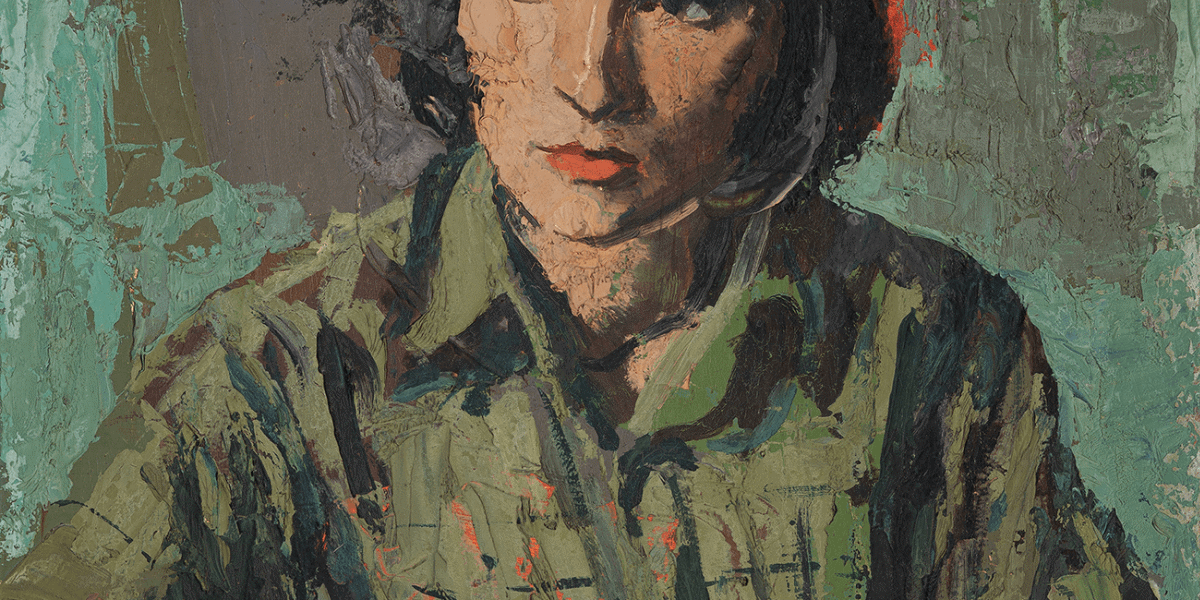 A painting of a woman with dark hair, wearing a green shirt. Her face is painted with bold strokes, and her eyes are closed. The background is a mix of green and gray tones.
