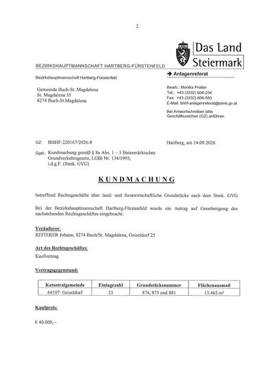 Dokument der Bezirkshauptmannschaft Hartberg-Fürstenfeld über land- und forstwirtschaftliche Grundstücke. Es enthält Angaben zum Antragsteller, Adresse und Grundstücksdetails. Das Dokument ist auf den 14. September 2026 datiert.