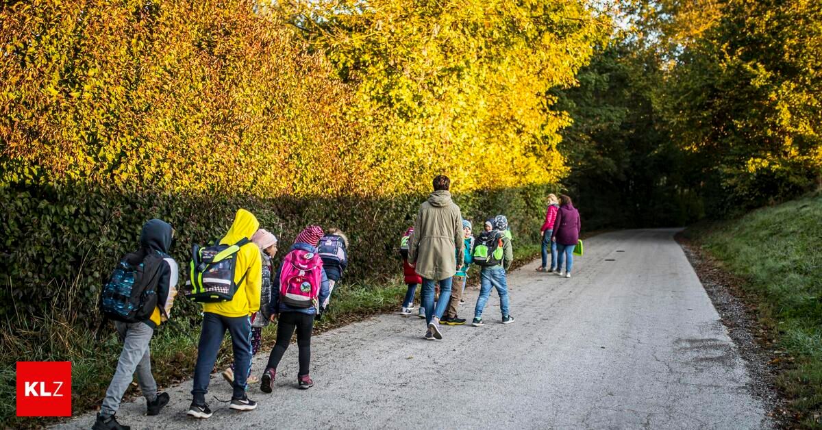 Eine Gruppe von Kindern und Erwachsenen geht einen Weg entlang, gesäumt von gelben und grünen Bäumen. Sie tragen Rucksäcke und Turnschuhe.