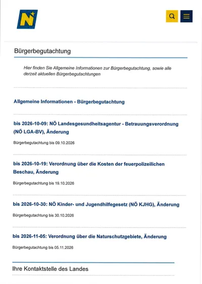 Ein Dokument mit dem Titel 'Burgerbegutachtung' bietet allgemeine Informationen und aktuelle Bewertungen zu verschiedenen Themen, einschließlich einer Vertrauensverfügung der Landesgesundheitsagentur und Änderungen von Gesetzen zu Brandschutz, Kinderfürsorge und Naturschutz.