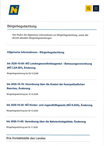 Ein Dokument mit dem Titel 'Burgerbegutachtung' bietet allgemeine Informationen und aktuelle Bewertungen zu verschiedenen Themen, einschließlich einer Vertrauensverfügung der Landesgesundheitsagentur und Änderungen von Gesetzen zu Brandschutz, Kinderfürsorge und Naturschutz.