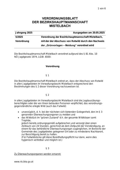 Eine Seite aus dem 'Verordnungsblatt der Bezirkshauptmannschaft Mistelbach' vom 20. Mai 2025, die eine Verordnung über die Entsorgung von Rotwild im Verwaltungsbezirk Mistelbach enthält.
