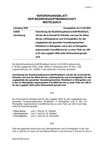 Ein Dokument mit dem Titel 'Verordnungsblatt der Bezirkshauptmannschaft Mistelbach' vom März 2025. Es beschreibt die Beschneidungssaison für verschiedene Arten von Weinreben im Verwaltungsbezirk Mistelbach, einschließlich älterer Weinreben, einjähriger Weinreben und schmaler Blätter, für den gesamten Verwaltungsbezirk Mistelbach in Weinbergen und angrenzenden Flächen bis zu einer Tiefe von 200 Metern für das Jahr 2025.