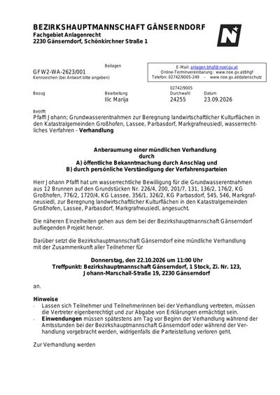 Ein Dokument vom Bezirkshauptmannschaft Ganserndorf, Österreich, kündigt eine öffentliche Konsultation bezüglich der Grundwasserentnahme für landwirtschaftliche Zwecke in den Katastralgemeinden von Grohof, Lassee, Parbasdorf, Markgraf-Neusiedl und anderen an.