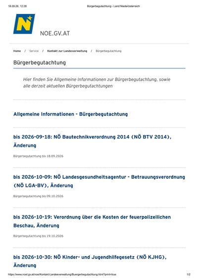 Eine Webseite mit dem Titel 'Bürgerbegutachtung' und einem Abschnitt für allgemeine Informationen zur Bürgerbegutachtung, einschließlich Änderungen der NO Bautechnikverordnung 2014 und NO Landesgesundheitsagentur - Betraungsverordnung (NO LGA-BV).