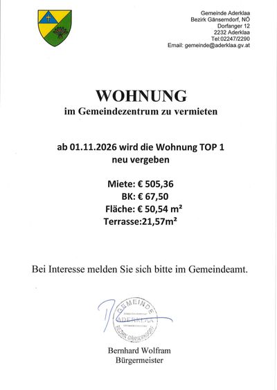 Eine Mietanzeige für eine Wohnung im obersten Stockwerk des Gemeindezentrums, verfügbar ab dem 1. November 2026. Die Miete beträgt 505,36 €, mit einer Kaution von 67,50 €. Die Wohnung hat eine Fläche von 50,54 Quadratmetern und eine Terrasse von 21,57 Quadratmetern. Bei Interesse melden Sie sich bitte im Gemeindeamt.