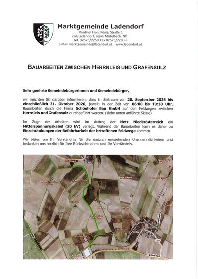 Ein Dokument mit einer Karte, die Bereiche von Bauarbeiten zwischen Herrnleis und Grafensulz zeigt. Der Text informiert über bevorstehende Straßenbauarbeiten vom 28. September 2026 bis 31. Oktober 2026 durch die Firma Schönhofer Bau GmbH.