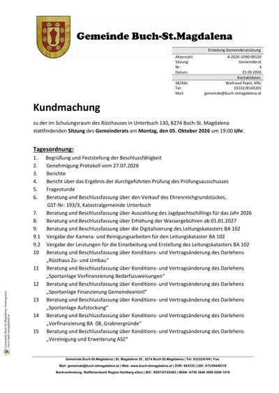 Ein Dokument mit einer Tagesordnung für das Gemeinderatstreffen am 5. Oktober 2026 um 19:00 in Unterbuch. Die Sitzung wird Themen wie Genehmigung und Festlegung der Beschlussfähigkeit, Genehmigung des Protokolls, verschiedene Berichte und Beschlüsse behandeln.