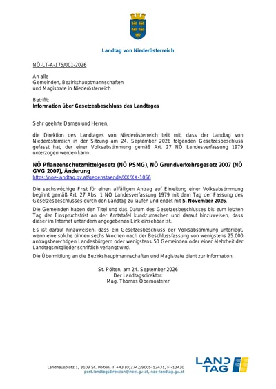 Amtlicher Brief der niederösterreichischen Landesregierung über den Gesetzesbeschluss des Landtags bezüglich des Pflanzenschutzgesetzes und des Straßenverkehrsgesetzes. Der Brief informiert über die Entscheidung und das bevorstehende Referendum.