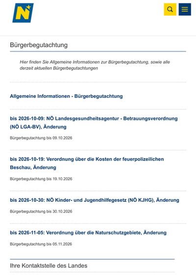 Ein Dokument mit dem Titel 'Bürgerbegutachtung' bietet allgemeine Informationen zu Bürgerkonsultationen und aktuellen Konsultationsthemen, einschließlich Daten und Details verschiedener Verordnungen und Gesetze.