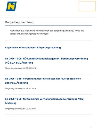 Ein Dokument mit dem Titel 'Burgerbegutachtung', einem Logo und einer Tabelle mit verschiedenen Verordnungen und deren Ablaufdaten.