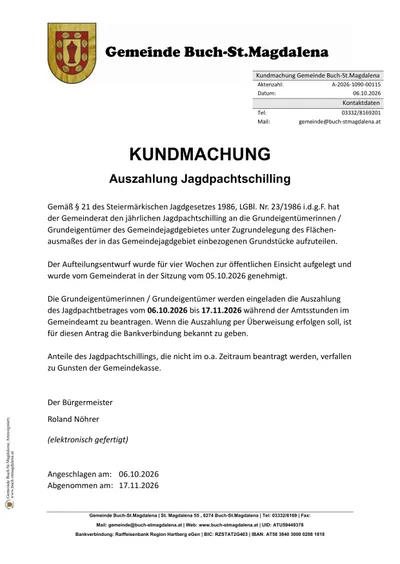 Ein Dokument mit dem Titel 'Kundmachung Gemeinde Buch-St.Magdalena' mit Details zur jährlichen Grundsteuerrechnung, einschließlich Daten, Kontaktinformationen und Unterschriften.