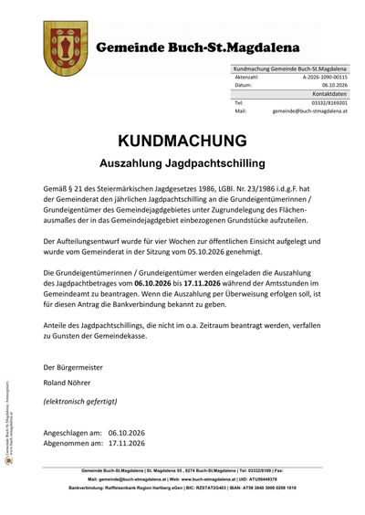 Ein Dokument mit dem Titel 'Kundmachung Gemeinde Buch-St.Magdalena' mit Details zur jährlichen Grundsteuerrechnung, einschließlich Daten, Kontaktinformationen und Unterschriften.
