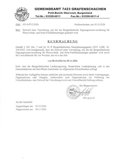 Ein offizielles Dokument vom Gemeindeamt 7423 Grafenschachen, das einen Entwurf einer Verordnung für die Burgenlandische Eignungszonenverordnung für Photovoltaik- und Solar-Freiflächenanlagen ankündigt.