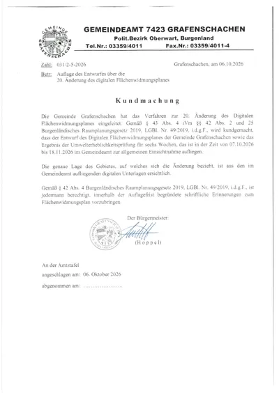 Ein offizielles Dokument vom Gemeindeamt 7423 Grafenschachen, datiert 03/2-5/2026, bezüglich der 20. Änderung der digitalen Flächenwidmungspläne.