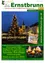 Ein Flugblatt für Ernstbrunn, Österreich, mit einer beleuchteten Weihnachtsbaum im Vordergrund, einer Statue und Gebäuden im Hintergrund, mit einem blauen Himmel und einem grünen Rand.