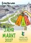 Ein Werbeplakat für Ernstbrunn Jahr Markt 2027, das eine Hand mit Einkaufstüten mit Daten und einer Stadtlandschaft im Hintergrund zeigt.