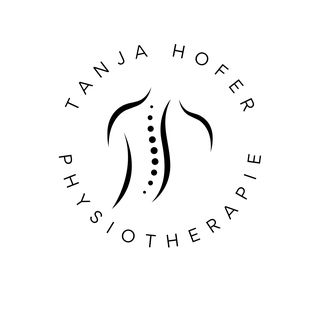 Ein Logo für Tanja Hofer Physiotherapie, mit einem stilisierten menschlichen Rückgrat und Punkten. Der Text ist in einem kreisförmigen Muster angeordnet.