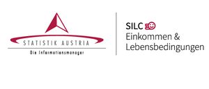 Das Bild zeigt das Logo von Statistik Austria, einer Organisation, die Informationen über Einkommen und Lebensbedingungen verwaltet. Es enthält ein stilisierten Dreieck mit dem Text 'STATISTIK AUSTRIA', ein Symbol von SILC und ein kreisförmiges Diagramm mit Symbolen einer Person, einer Aktentasche und einem Smiley-Gesicht.
