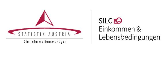 Das Bild zeigt das Logo von Statistik Austria, einer Organisation, die Informationen über Einkommen und Lebensbedingungen verwaltet. Es enthält ein stilisierten Dreieck mit dem Text 'STATISTIK AUSTRIA', ein Symbol von SILC und ein kreisförmiges Diagramm mit Symbolen einer Person, einer Aktentasche und einem Smiley-Gesicht.