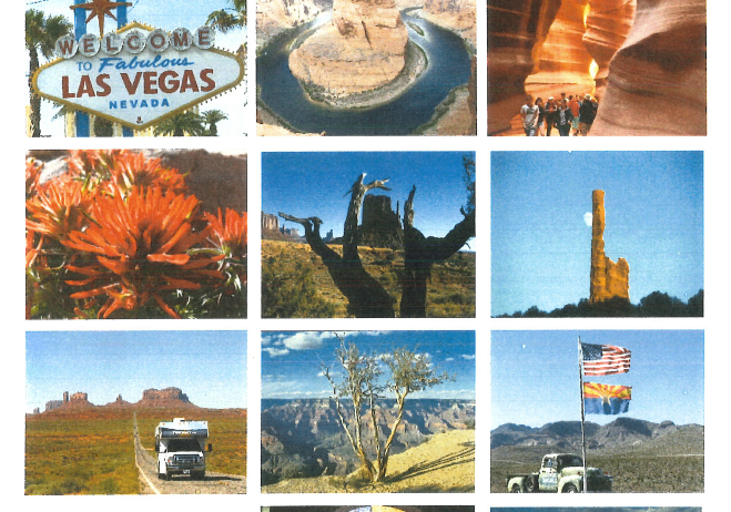 Eine Collage von Fotos, die verschiedene natürliche und urbane Landschaften aus dem Südwesten der USA zeigt. Oben links ist ein Schild für Las Vegas. In der Mitte befinden sich der Grand Canyon, eine Wüstenlandschaft und ein Baum. Unten sind ein Truck, eine Brücke und eine Nachtansicht von Las Vegas zu sehen.