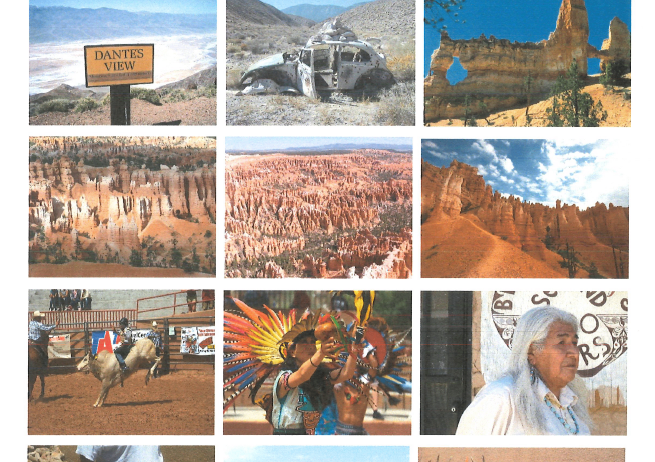 Eine Collage von Bildern, die die Naturwunder des amerikanischen Südwestens zeigt. Zu den Höhepunkten gehören Dantes View, ein abgewracktes Fahrzeug, eine Person, die einen Stier reitet, und ein Navajo-Ältester.