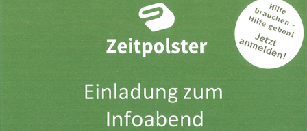 Plakat mit 'Zeitpolster' Logo, Einladungstext in weiß, Datum 24.02.2026 um 18:00 in KommZ, Adresse Gaadnerstraße 4, 2500 Siegenfeld, weißer kreisförmiger Aufkleber mit Text 'Hilfe brauchen - Hilfe geben', 'Jetzt anmelden!'.