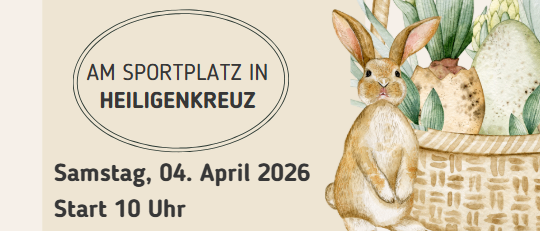 Ein Veranstaltungsposter für eine große Ostereiersuche auf dem Sportplatz von Heiligenkreuz, geplant für den 4. April 2026, Beginn um 10 Uhr. Reservierungen müssen bis zum 28.03.2026 erfolgen. Kontaktieren Sie Simone Nagel unter 069910329841.