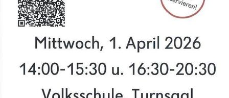 Blutspende-Termin in der Volksschule Turnsal, Heiligenkreuz, Wien, 1. April 2026. Zeiten: 14:00-15:30 und 16:30-20:30. QR-Code für Terminbuchung. Altersgrenze: 18-70 Jahre. Ärztliche Untersuchung erforderlich. Mindestabstand von acht Wochen zwischen Spenden.