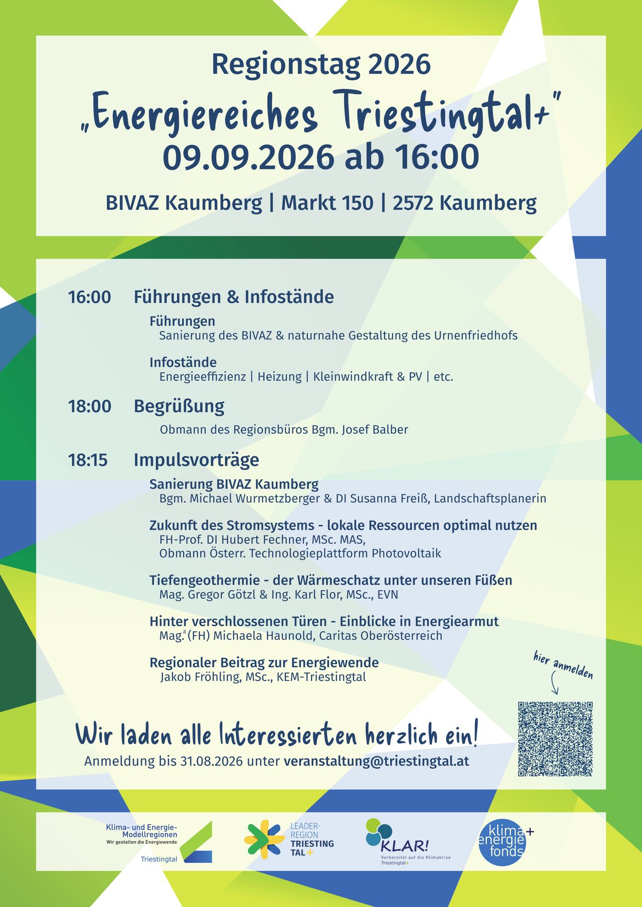 Veranstaltungsplakat für eine Veranstaltung über erneuerbare Energien am 9. September 2026 mit Führungen, Vorträgen und einer Begrüßung durch den Bezirksbürgermeister.