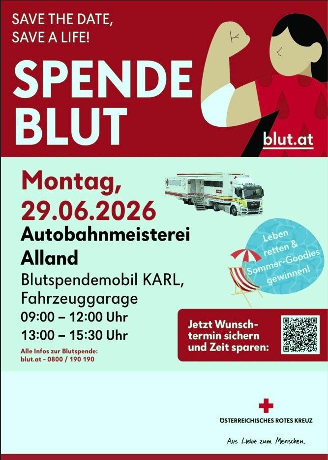 Blood donation event at Autobahnmeisterei Alland on 29.06.2026. Blood donation truck KARL will be available from 09:00 to 12:00 and 13:00 to 15:30. More info at blut.at or by calling 0800/190 190.