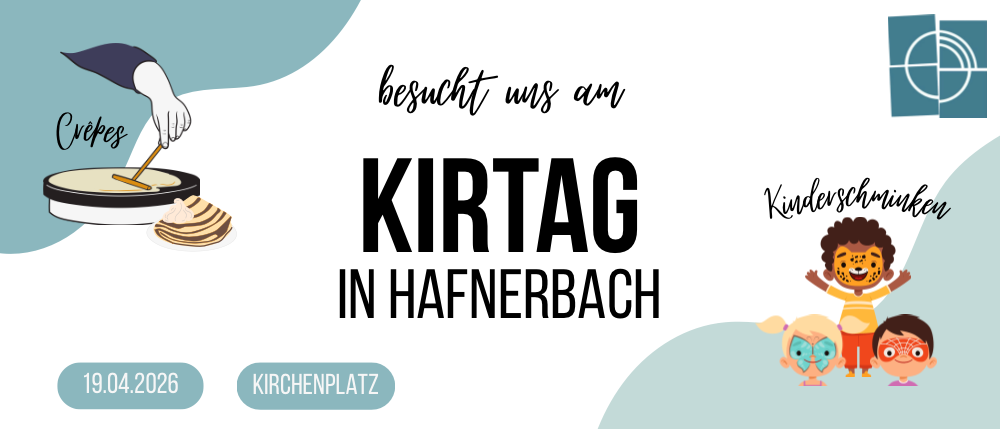 Eine Einladung zum Besuch des Kirtags in Hafnerbach im April 2026 mit Illustrationen von Kindern und Essen.