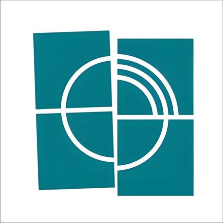 Ein weißer Quadrat ist in vier Abschnitte unterteilt, von denen jeder ein anderes Muster hat: Ein Abschnitt hat einen weißen Kreis, ein anderer einen Halbkreis, und die anderen beiden Abschnitte haben weiße Linien.