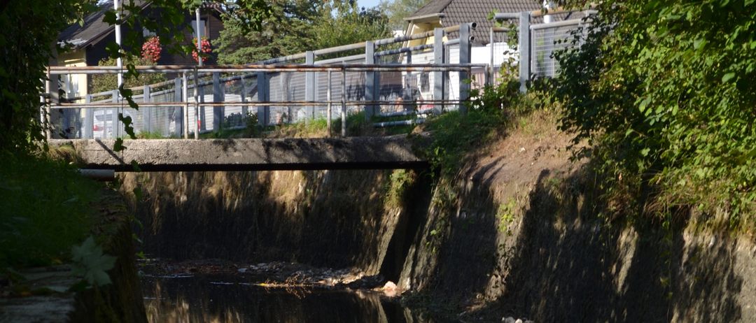 Ein ruhiger Kanal spiegelt eine Brücke und eine Straßenlaterne wider, wobei üppige Grünflächen die Seiten säumen. Das Wasser ist ruhig und spiegelt die Brücke und die umliegende Grünfläche wider.
