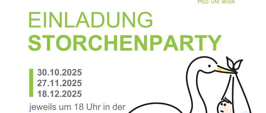Einladung zur Storchenparty am 30.10.2025, 27.11.2025 und 18.12.2025. Details umfassen Teamvorstellung, Bericht über die Betreuung und persönliche Gesprächsmöglichkeit. QR-Code und Website-Link verfügbar.