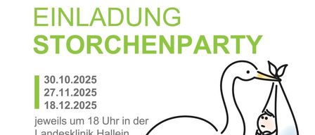 Einladung zur Storchenparty im Lehrkrankenhaus der PMU. Med Uni Wien. Termine: 30.10.2025, 27.11.2025, 18.12.2025 um 18 Uhr in der Landesklinik Hallein. Informationsabend für werdende Eltern. Inklusive Teamvorstellung, Geburtsbericht, Betreuung durch Ärzte, Hebammen und Pflegepersonal und mehr. QR-Code für weitere Infos.