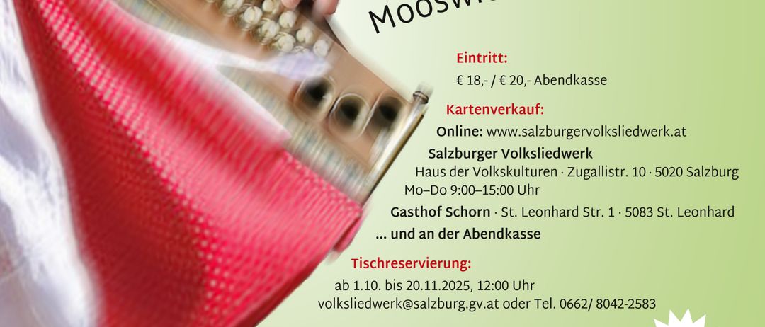 Plakat für die Salzburger Kathreintanz-Veranstaltung. Zeigt eine Hand, die ein Akkordeon spielt. Eintritt 18, 20 für Abendkasse. Tickets online erhältlich. Veranstaltung am 27.11 um 19:30.