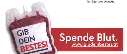 Plakat für eine Blutspendeaktion an der Mittelschule Aula Grödig, am Dienstag, 13. Januar, von 16-20 Uhr. Es zeigt eine Blutbeutel mit dem Slogan 'Gib dein Bestes!' und der Website www.gibdeinbestes.at.
