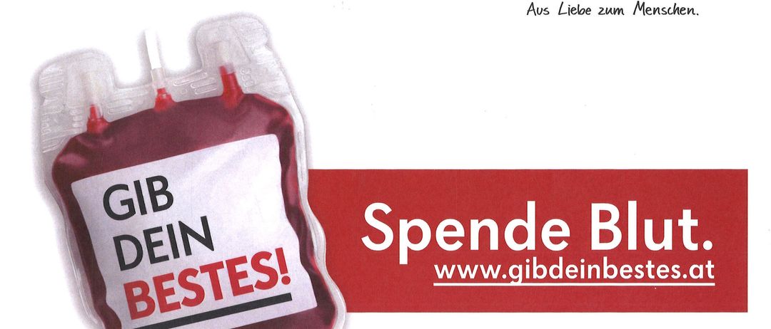 Plakat für eine Blutspendeaktion an der Mittelschule Aula Grödig, am Dienstag, 13. Januar, von 16-20 Uhr. Es zeigt eine Blutbeutel mit dem Slogan 'Gib dein Bestes!' und der Website www.gibdeinbestes.at.