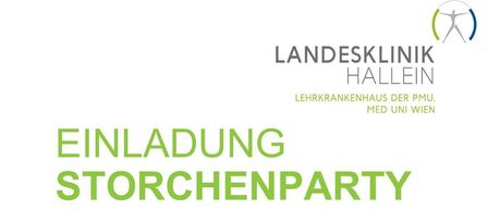 Einladung zur Storchenparty am Lehrkrankenhaus der PMU, Med Uni Wien. Termine: 29.01, 26.02, 26.03.2026. Details umfassen Teamvorstellung, Bericht über die Betreuung und persönliche Gesprächsmöglichkeiten. Scannen Sie den QR-Code für weitere Infos.