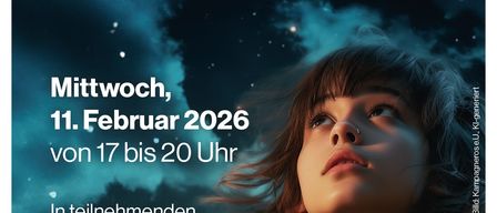 Plakat für die Nacht der Lehre am 11. Februar 2026 von 17 bis 20 Uhr in teilnehmenden Einrichtungen im gesamten Bundesland Salzburg. Zeigt eine Frau mit langen Haaren, die nach oben blickt.
