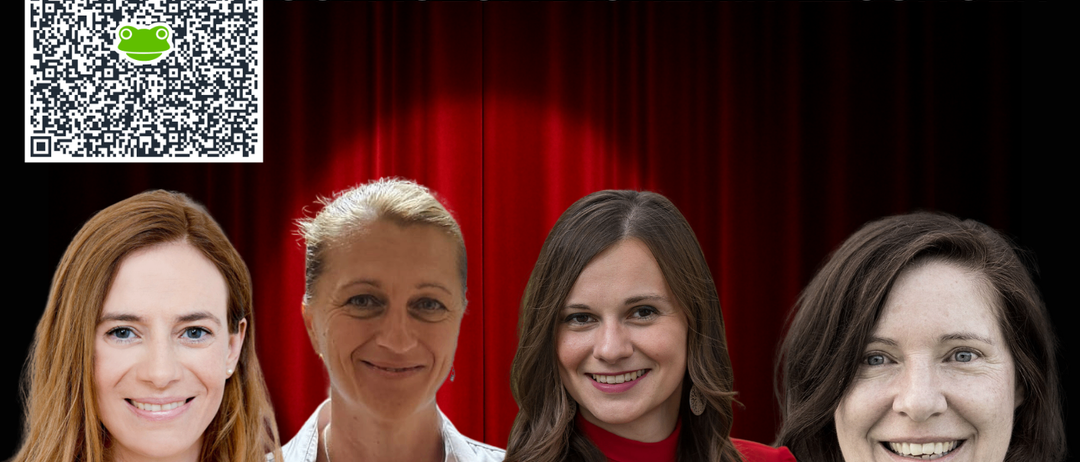 Poster mit vier lächelnden Frauen. Der Titel lautet 'Viele Frauen' und 'Sofagespräche mit Lösungen'. Darunter QR-Code, Datum 'FR, 13.02.2026' und Autoren.