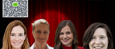 Poster mit vier lächelnden Frauen. Der Titel lautet 'Viele Frauen' und 'Sofagespräche mit Lösungen'. Darunter QR-Code, Datum 'FR, 13.02.2026' und Autoren.