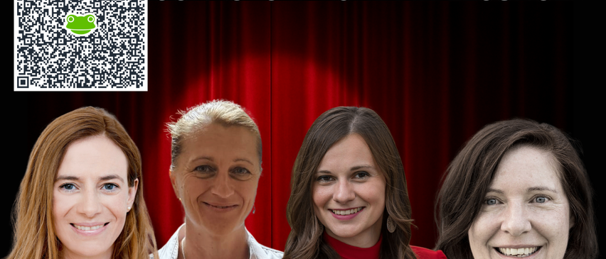 Poster with four smiling women. The title reads 'Viele Frauen' and 'Sofagespräche mit Lösungen'. Below, QR code, date 'FR, 13.02.2026', and authors.