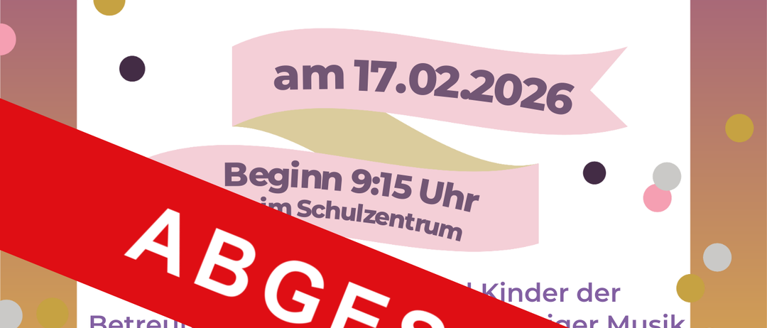 Ein Plakat für die Faschingsumzug der Gemeinde, geplant für den 17.02.2026, Beginn um 9:15 Uhr am Schulzentrum. Das Plakat zeigt eine Karte mit einer Route und einer Entfernung von 30 Minuten.