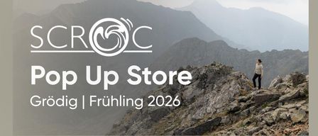 Poster for Pop Up Store in Grödig, Spring 2026. Features dates, times, and a discount. People hiking in mountains and a woman standing on a cliff.