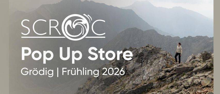 Eine Anzeige für Scrocs Pop Up Store in Grödig, Österreich, Frühling 2026. Es zeigt zwei Termine, 17. und 18. März 2026, mit genauen Zeiten. Außerdem enthält es Informationen über Rabatte, funktionelle Sportbekleidung aus Merinowolle und eine Standortadresse.